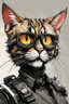 Placeholder: create a wild caricature of a grizzled streetwise cyberpunk female mercenary cat highly detailed with refined feline features in the caricature style of Gerald Scarfe and Ralph Steadman, precisely drawn, boldly inked, vividly colored, 4k