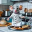 Placeholder: mouse Funny and cute in the shape of a sheep, wearing a cooking outfit that looks the same color as its skin, in the kitchen, cooking