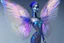 Placeholder: a sleek and sophisticated (((modern intricate iridescent fairy wing))), featuring highly detailed and accurate full body back views that incorporate human anatomy elements like ribcage, spine, shoulder blades, and hip bones. Colors blending blue, dark blue, purple, gold, and silver give off a softly glowing pink hue at the wing tips, highlighting the fantastical interplay of light and shadow