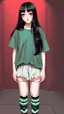 Placeholder: generate a full-length girl with gray-green sad eyes, with dark hair above the shoulders, a round face, not very plump lips, in a black T-shirt with a red print, short shorts, blue socks