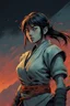 Placeholder: Original anime Japanese female kungfu warrior main character . Studio ghibli style mixed with Frank Frazetta. Mobius style background. Iconic character design. Dynamic silhouette . Unique features. Make the eyes the focal point. Dystopian sci-fi . Stone cold killer. Brilliant use of color theory and cinematic lighting. cubism style, cartoon style