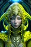 Placeholder: A beautiful alien with big eyes and small nose and mouth wearing a bioluminescense light yellow zafír biomechanical silver metallic diadem headress, wearing biomechanical amalgamation style leather jacket dress ribbed with silver floral metallic filigree biomechanical vantablack pattern, organic bio spinal ribbed detail of gothic winter backround extremely detailed maximalist hyperrealistic portrait art