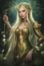 Placeholder: Dark green hair,Rapunzel hair,golden armor,night,sparkle,lily of the valley,ivy,elven warrior,elven ears,burgundy,green,gold,elven crown,extremely long hair