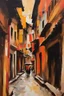 Placeholder: bustling medieval Kathmandu street, thick impasto painting, centered, minimalist, thick sparse brushstrokes, bold colors of orange, beige, yellow, red and black, sporadic tint ink leaks, perfect verticals, amazing parallels