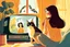 Placeholder: beautiful brunette woman watching tv with a cat, children's book illustration in style of Brigette Barrager, Sven Nordqvist and Nicole Rubel in sunshine