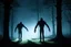 Placeholder: low res, low quality picture, high film grain, terrifying scene of backlit shadows of a long tall supernatural creatures with extremely long limp arms standing amongst tall branchless tree trunks on a foggy night, surreal, distorted, found footage horror, low contrast, static haze