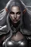 Placeholder: SA female elf with skin the color of storm clouds, deep grey, stands ready for battle. Her long black hair flows behind her like a shadow, while her eyes gleam with a fierce silver light. Despite the grim set of her mouth, there's a undeniable beauty in her fierce countenance. She's been in a fight, evidenced by the ragged state of her leather armor and the red cape that's seen better days, edges frayed and torn. In her hands, she grips two daggers, add dark shadow mystic purple flames