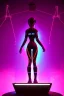 Placeholder: 3d, si-fi hunger, girl middle stand on round glowing platform, connected by wires , vr googles, beautifully color coded, super detailed, moody lighting, volumetric lighting, night time, glowing veins, mass effect, vertical light glow