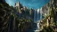 Placeholder: a wide waterfall falling upon a medieval european city. The city is at the bottom at the end of a steep, narrow, 3.000 feet tall ravine. a masterpiece, fantasy concept art, dynamic lighting, hyperdetailed, intricately detailed, deep color, Unreal Engine, volumetric lighting, Epic cinematic brilliant stunning intricate meticulously detailed dramatic atmospheric maximalist digital matte painting