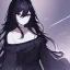 Placeholder: Clear focus, High resolution, rough line sketch art, long black hair, hair between eyes, fluffy hair, purple eyes, wearing a off shoulder shirt, no spaghetti strapes, dark aura, 1girl, wearing a skirt