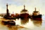 Placeholder: loose painting of a working harbor wharf, where freighters and tugboats are offloading cargo ala richard schmid