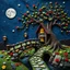 Placeholder: Photograph hasselblad h6d400c --ar 85:128 --v 6.0 of a fairy old bridge, tree, old bewitched house, made of felt, art, 3d deep field, Joan Miró, wide angle landscape scene, galaxies, creepy, needlepoint, abstract silhoutte, expressionist style, colorful holiday