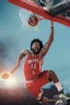 Placeholder: 8k, highly realistic and detailed image of a NBA basketball player in action dunking the ball in the net, sweaty hair, screaming look,action and smoke and flames background