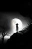 Placeholder: scene, black an white, forest fog, superbig full moon, woman on a rock, tim burton character, woman wiht cape and hat