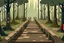 Placeholder: Cartoon style dark Forest with trees, muddy footprints in the wooden bridge.