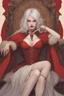 Placeholder: Beautiful white haired Vampire queen on her throne, drawing. Wearing a red cloak with a fur collar. Portrait, waist up