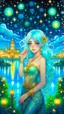 Placeholder: A beautiful girl with glowing starry eyes. And with turquoise hair decorated. And full body. Holds 10 glowing glass beads with a moon inside .girl void. full body Glowing golden eyes and white hair. Standing on a land of water embellished with sapphires and ornate trees. And beautiful buildings. And a sky full of star