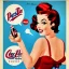 Placeholder: pinup girl, square shirt, red hair, beautiful, cute, red lips, close to a fuel pump. Poster Pepsi Cola. 1950