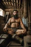 Placeholder: full figure shot photography of a 40-year-old turkish angry beefy tattoo very hairy sweaty worker sitting spread-legged in an old sofa inside a construction site shed, big shoulders, boots, dressed in bulging shorts,shirtless, stubble, big manly legs, hairy chest, serious eyes, midnight, dim neon lights illuminating and shine on the beards of sweat that fill his large chest, photorealistic , ambient occlusion, view angle from the ground