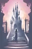 Placeholder: Oilpaint ,shiny,( wight gradient) (Princess silhouette) (tiara crown) (Dragging suitcases in hand) (brand identity) (Castle silhouette) (the tower) (janelas) (stairways) (halo effects) (Handwritten font) (Femininity) (Dreamy) (the detail)