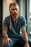 Placeholder: photorealistic hyperdetailed portait of 20-year-old german male, with long blonde braided and undercut hair, tribal tattoos and neatly trimmed beard wearing jeans and a tee shirt, modern fantasy, modern backdrop, sitting, hyper realistic