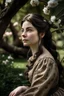 Placeholder: Beautiful Girl in the garden, 18 century, brunette, literally dark hair, dark eyes, fat, smell of sakura, rest, detailed face, england, she is staying under the tree