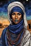 Placeholder: create an imaginative drawing of a Tuareg female, in traditional dress, with finely detailed facial features, in the ruins of Djado under the midnight sky, in the dynamic action style of, Burne Hogarth, finely textured, drawn, colored, and inked