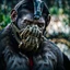 Placeholder: Cyborg, Ape, breathing device, gas mask, respirator Christopher Nolan, Dystopian, Extreme depth of field, bokeh blur, Alberta, all-natural, in the style of candid, imperfection, natural lighting, Fuji Film, Anamorphic lens