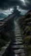 Placeholder: narrow stone path above the ground gradually getting higher into the clouds no railings, dangerous drop people in black leathers medievil period weather is wet spiraling into the clouds fantasy