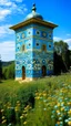 Placeholder: A cyan meadow near a burg designed in Oaxacan Alebrijes painted by Gustav Klimt