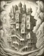 Placeholder: boceto escala de grises A captivating, surrealist painting of a gravity-defying, Escher-inspired building with multiple perspectives, impossible staircases, and fantastical elements that defy the laws of physics, set within a dream-like landscape.