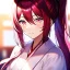 Placeholder: Clear focus, 8k, beautiful lighting, vibrant colors, girl, pink long hair, vibrant pink eyes, miko, ponytail, hair in between the eyes, up close,