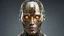 Placeholder: photorealistic, anatomically, physically correct full-length male body of an future AI cyborg. The face representing the horror and beauty of future technology. The AI's cyborg golden glowing eyes somehow represent eyes like one of a human . The body features futuristic, intricate futuristic designs all across the robots body. Front view.