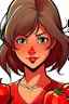 Placeholder: Tomato super Villain girl with dark brown hair and brown eyes in the style of The Boys Comic.