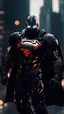 Placeholder: Superman wearing venom armor, face visible, sharp face focus, ready for batt, destroyed city in the background, deep perspective. bokeh, rim lights, light leaks, neon ambiance, abstract black oil, gear mecha, detailed acrylic, grunge, intricate complexity, rendered in unreal engine, photorealistic