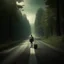 Placeholder: a lonely figure with a suitcase, leaving a metropole, on a road, into a forest, photo quality