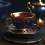 Placeholder: A midnight blue teacup with a gold rim and small red florets on a plate. Illustrative art, art interpretation, concept art, cgsociety contest winner, seasonal art, seasonal art HD, 4k, 8k, intricate, detailed, intricately detailed, luminous, translucent fantasy crystal, holographic data, soft body, shadow play, light, fog, atmospheric, cinematic, light film, hyper-detailed, hyper-realistic, masterpiece, atmospheric, high resolution, 8k, HDR, 500px, mysterious and artistic digital art, phototic,