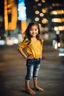 Placeholder: Little 6 years old beautiful girl perfect face,1girl wearing a pretty shirt and jean pant, standing pose,modern city ,night view