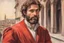 Placeholder: elegant handsome brown haired bearded man in firenze in red costume in sunshine, shading pastel and charcoal