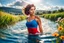 Placeholder: beautiful girl supper model, in nice red top ,blue short pants, with curvy hair,perfect face,perfect eyes,,swimming in water with splash,country side wavy narrow river ,wild flowers ,blue sky nice clouds