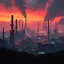 Placeholder: en framtidsvision med industri, robotar och en överhypad storstad, neon och rök, smog från stora industrier i bakgrunden som ryker från skorstenar, öde landskap, dystopi, simon stålenhag style