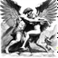 Placeholder: (black and white traditional pencil sketch digital drawing on paper by Ray Harryhausen) Jacob wrestling with angel