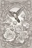Placeholder: Mandala of blooming roses coupled with hummingbird details, mature coloring artwork, contour, vector, clean line art, white background, detailed, black and white, in the style of kalamkari design