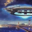 Placeholder: galaxian fantasy airships flying over San Francisco Bridge in a cloudy sky,Giant sci-fi super-panzer in the style of John Berkey