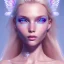 Placeholder:  beautiful, soft, whide smile face, long blonde straight hair, blue eyes, fairy wings on the back, transparent crystal blue and pink background, big definition, 8K