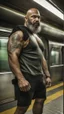 Placeholder: full figure photography of an ugly dirty arab burly muscular beefy strong man 47 years old with raided beard, shaved hair,, manly chest, hairy , ajar mouth, photorealistic ,shirtless, bulging shorts, side light, inside a crowded subway station , neon lights