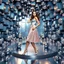 Placeholder: make a picture pretty stage made of metallic blue-gray teme 3d fractal recursive cubic and sphere base structures and a beautiful fashion model lady posing with cute,with silver cyan decholte top and pretty pleated midi skirt,siver high heels ,makeup curvy long hair,dynamic camera zoom to full body and pan, dynamic lights.