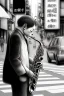 Placeholder: One single mature cat playing saxophone on the street, Osaka, thoughtful, mourning, model style, hyper realistic, extremely accurate, delicate, extremely detailed, Graphic novel style, wide-angle, open aperture, superfine pencil