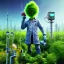 Placeholder: mad scientist with blue eyes standing by cell tower overgrown with plants, spray paint art, 3d,pixar