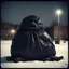 Placeholder: Dramatic vintage polaroid picture, hyperrealistic, gigantic puffy fat inflated black trash bag creature sitting in an empty school playground at night in the snow caught in the ambient streetlight, Lovecraftian trash bag creature with pouting confused look on face, sinister whimsey, oddball masterpiece, sfumato, Gallows humor, complex contrast, dynamic composition